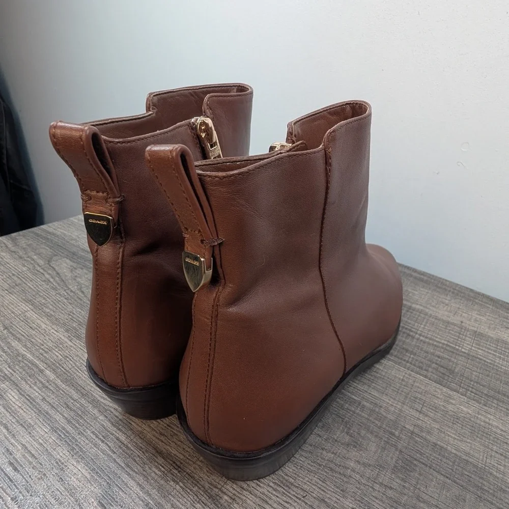 Coach Carmen Leather Ankle Boots Brown Side Zip Block Heel Size‎ 9B